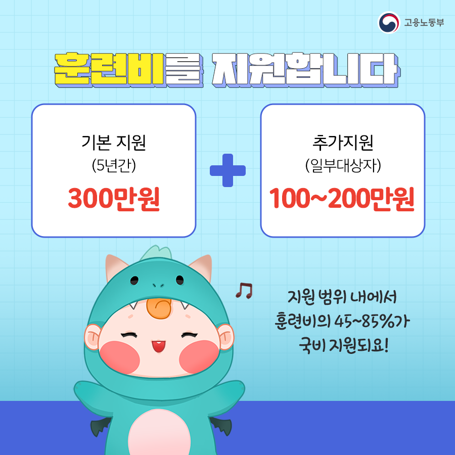 고용노동부 훈련비를 지원합니다
  기본 지원(5년간) 300만원 + 추가지원(일부대상자) 100~200만원 지원 범위 내에서 훈련비의 45~85% 국비 지원되요!
  